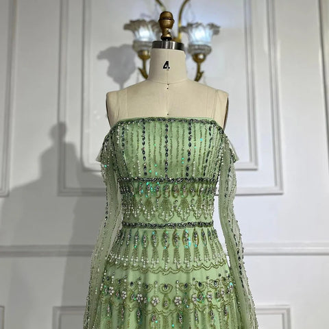 Dubai Arabic Sage Green Mermaid Luxury Evening Gown Strapless Beaded Party Dress for Women's Wedding 2025 LA72350