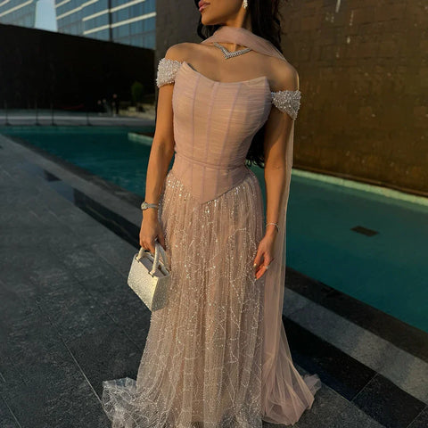 Robe de soirée trapèze à épaules dénudées et perles avec corset LA72922 