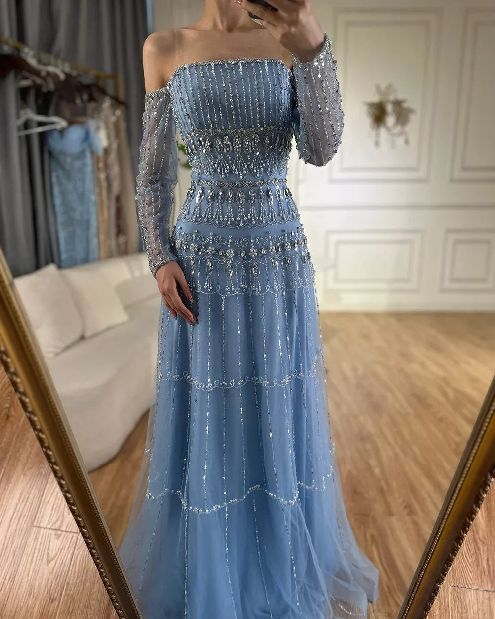 Dubai Arabic Sage Green Mermaid Luxury Evening Gown Strapless Beaded Party Dress for Women's Wedding 2025 LA72350