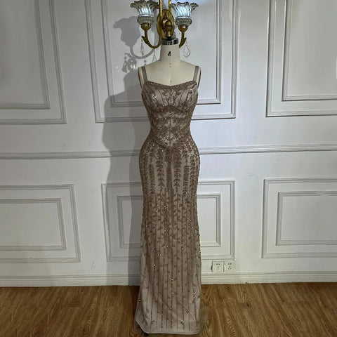 Robe de soirée sirène bleu arabe à bretelles spaghetti, luxueuse robe de soirée saoudienne perlée pour une occasion formelle, LA72725 