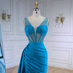 Blue Prom Dress with Side Overskirt Spaghetti Straps LA73011