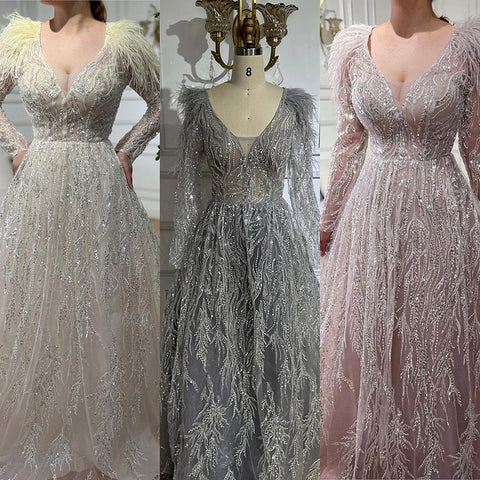Muslim Beige A Line  Beaded Feathers Luxury Dubai Long Evening Dresses Gowns 2025 For Women Wedding Party LA72172