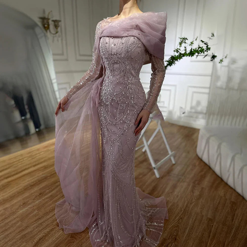 Vestido de noche de lujo rosa sirena con perlas y sobrefalda para ocasiones formales LA72348A 