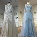 Robe de soirée arabe bleue à bretelles spaghetti et perles avec cape amovible pour une occasion formelle 2025 LA72784 