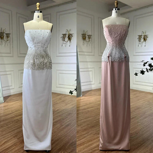 Robe de soirée sirène rose nude saoudienne, sans bretelles, avec pompons et perles, pour occasions spéciales, LA72804, 2025 