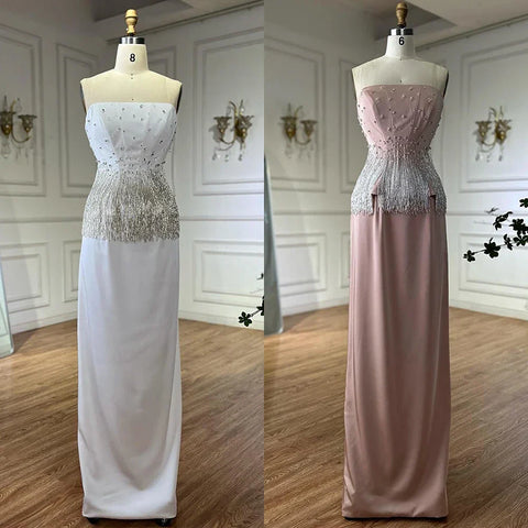 Vestido de noche árabe de sirena sin tirantes, color rosa nude, con borlas y cuentas, estilo saudí, modelo LA72804 (2025) 