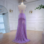 Luxury Purple Sequin Prom Dress with Slit and Cutout Waist LA73000
