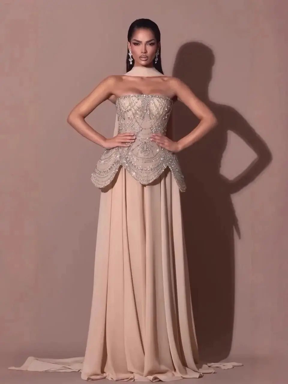 Luxury Designer Nude Beaded Evening Dresses Gowns LA72915