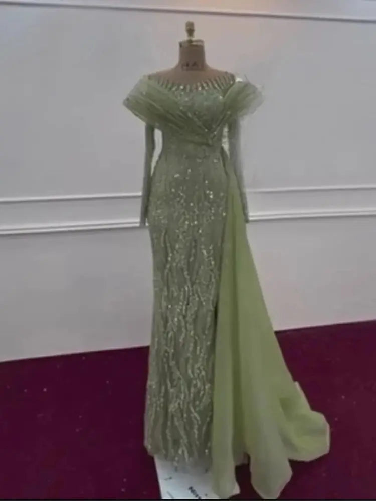 Elegant Beaded Sage Green Evening Dress Gown with Flowing Hem LA72928