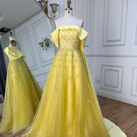 Luxury Dubai Arabic Yellow Elegant Boat Neck Long Evening Dress Beaded Party Gown for Women's Wedding LA72531