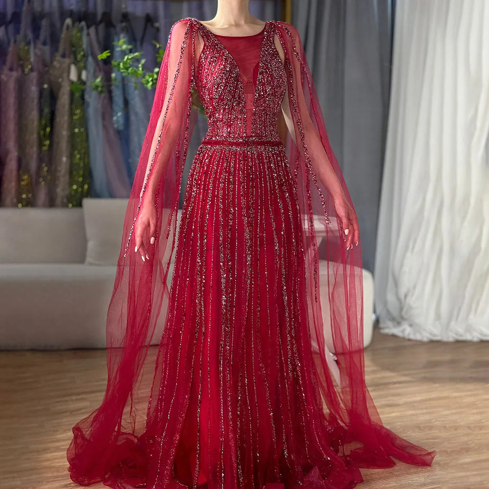 Arabic Gold A Line Cape Sleeves Beaded Luxury Dubai Long Evening Dresses Gowns 2025 For Women Wedding Party LA71941