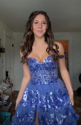 Vestido de noche de tul azul brillante con lentejuelas y capas, vestido de fiesta formal con abertura Y7961