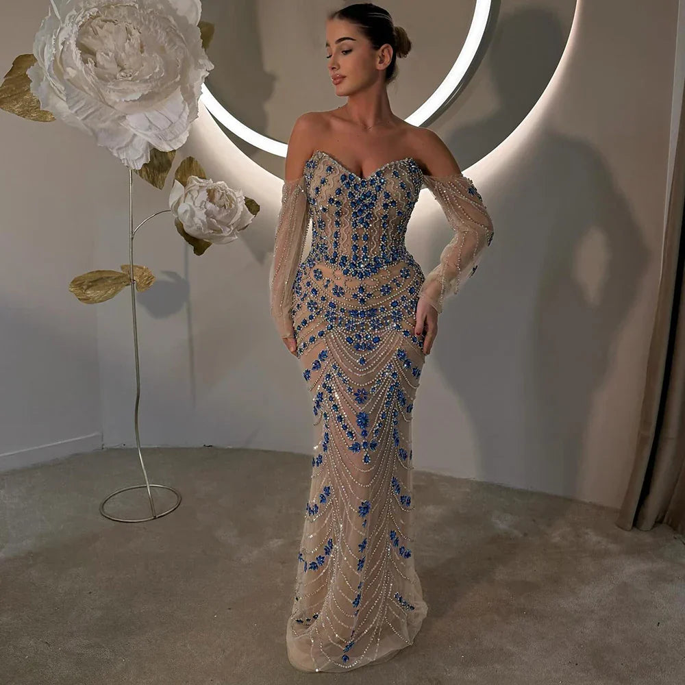 Luxury Blue Beaded Evening  Dress Gowns Beaded For Formal Occasion LA72858