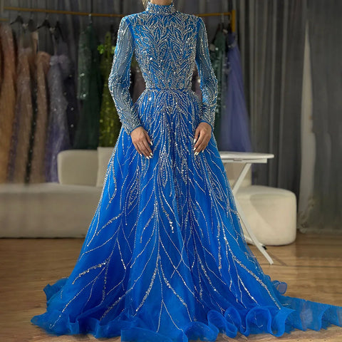 Muslim Elegant blue A Line Beaded Luxury Dubai Evening Dresses Gowns For Women Wedding Party 2025 LA72302A
