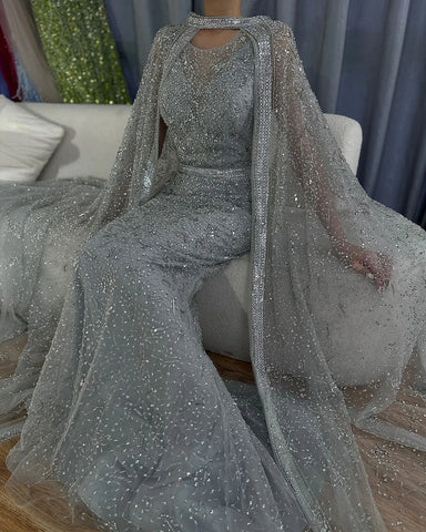 2025 Luxury Dubai Gray Arabic Mermaid Beaded Evening Gowns with Detachable Long Cape for Women's Party LA72180