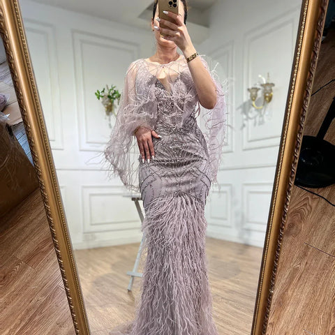 Caramel Mermaid Beaded Evening Dresses Gowns Feather Luxury Elegant For Woman Wedding Party 2025 LA71866