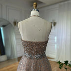 Vestido de noche de corte A, tul con cuentas y escote halter color caramelo, estilo árabe saudí, modelo LA72863 (2025)