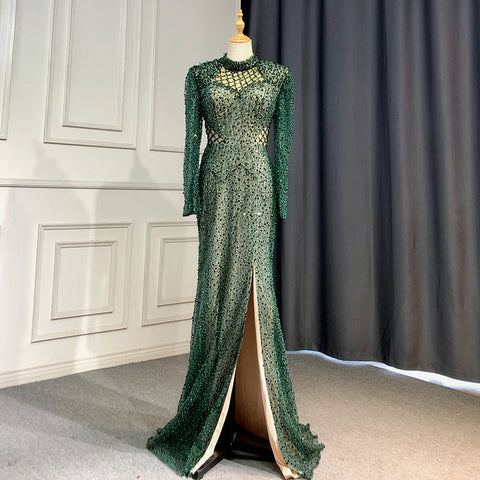 Green Mermaid Evening Dresses Gowns 2025 Pearls Elegant High Split For Women Party High Neck Long Arm LA71693