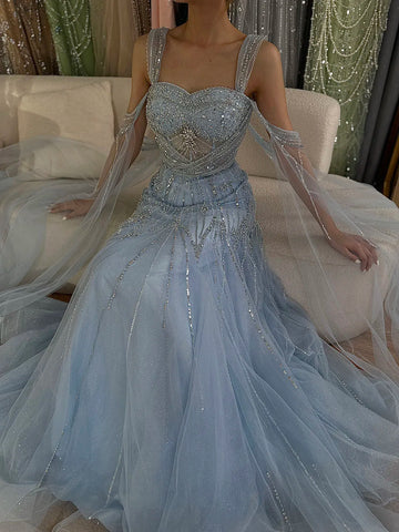 Robe de soirée trapèze rose à bretelles spaghetti et perles, avec manches cape, pour une occasion formelle, LA72726 