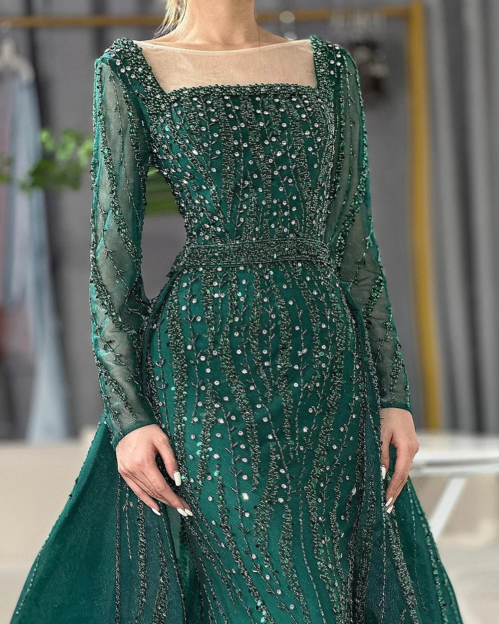Arabic Green With Overskirt Mermaid Beaded Evening Dresses Luxury Gowns 2025 for Formal Occasion 2025 LA72710