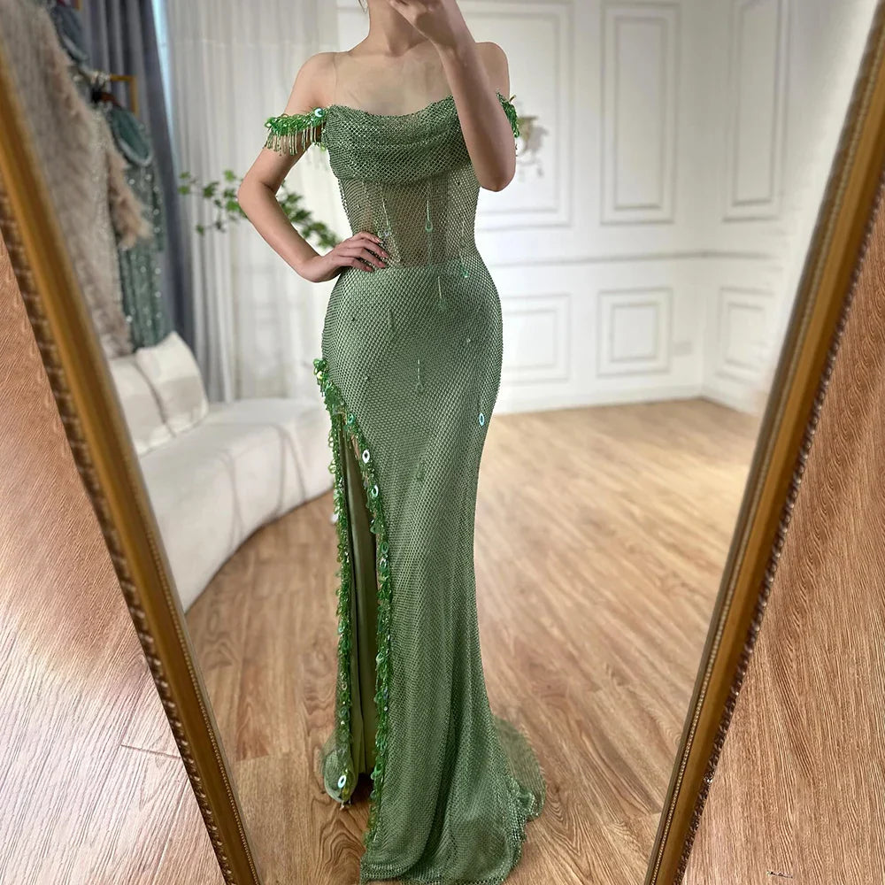 Arabic Green Crystal Tassel Saudi Evening Dresses Gowns High Split Prom Dress for Women Wedding Party 2025 LA72490