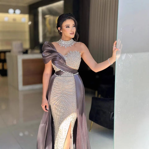 Robe de soirée arabe de luxe perlée avec fente LA72769 