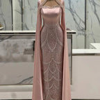 Luxury Arabic Pearls Pink Evening Dress with Cape LA73051