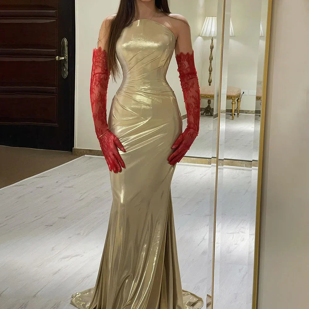 Vestido de noche de lujo estilo sirena, dorado, elegante y sin tirantes, de Dubái, para mujer, modelo LA72670 (2025) 