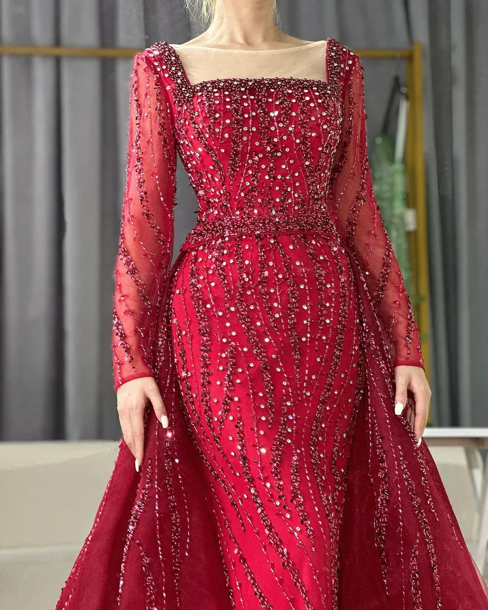 Vestidos de noche de sirena con sobrefalda, color verde árabe, bordados con cuentas, vestidos de lujo para ocasiones formales 2025 LA72710 