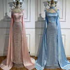 Luxury Arabic Pearls Pink Evening Dress with Cape LA73051