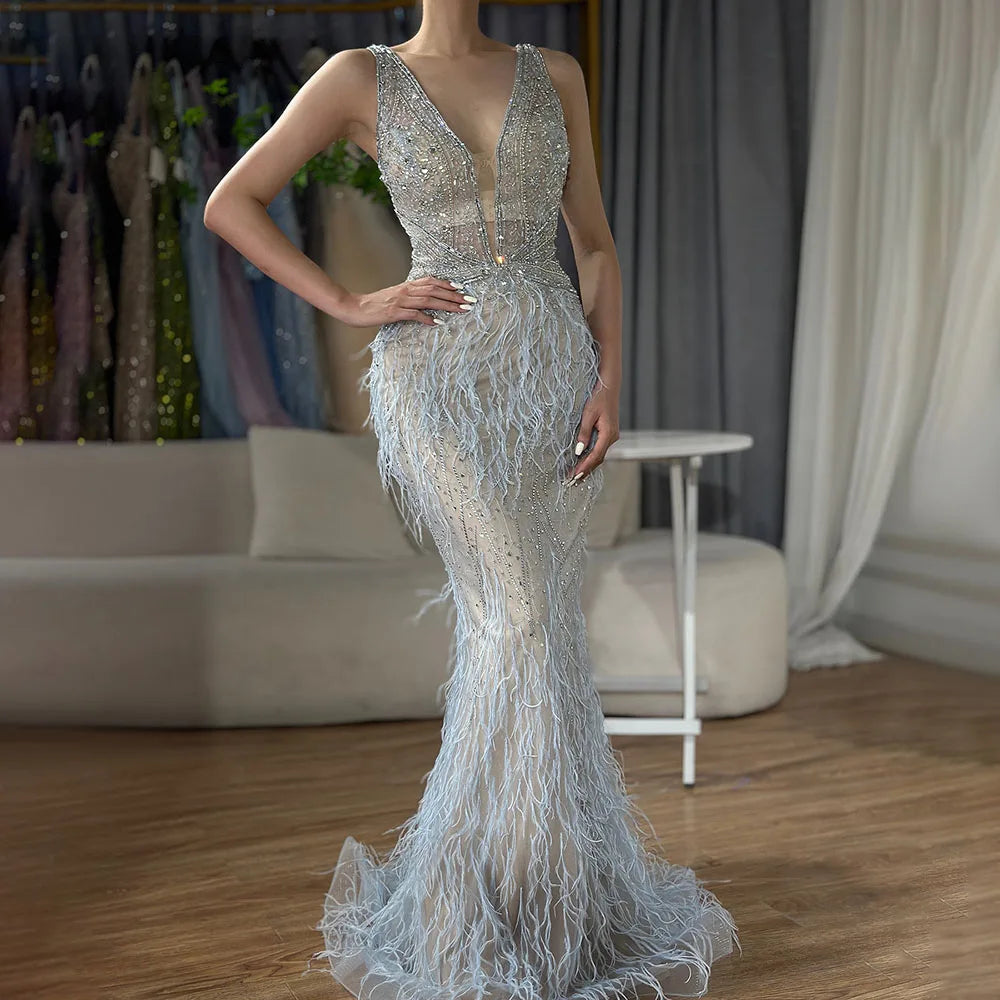Vestido de noche elegante estilo sirena azul árabe con capa, lujoso, con cuentas y plumas, estilo Dubái, para mujer, ideal para fiestas (LA71583B). 