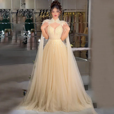 Arabic Beige A-Line Feathers Long Cape Luxury Beaded Saudi Evening Dresses Gowns for Formal Occasion 2025 LA72722
