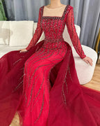 Vestidos de noche de sirena con sobrefalda, color verde árabe, bordados con cuentas, vestidos de lujo para ocasiones formales 2025 LA72710 