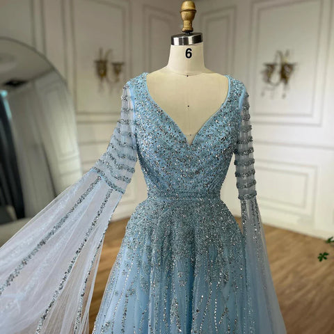 Robe de soirée longue élégante style trapèze, couleur caramel, avec perles et manches cape, pour une occasion spéciale, LA72750 