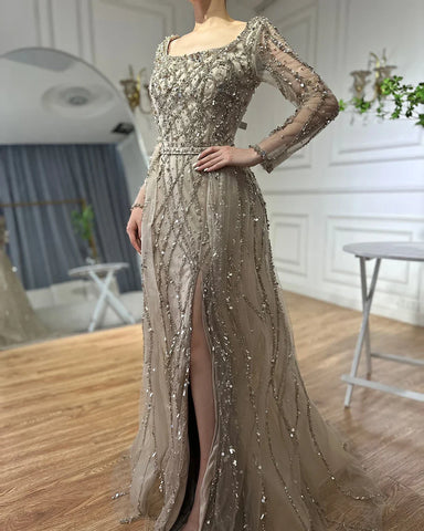 Elegant Green Split Mermaid Luxury Beaded Dubai Long Evening Dresses Gowns 2025 For Woman Wedding Party LA70765L