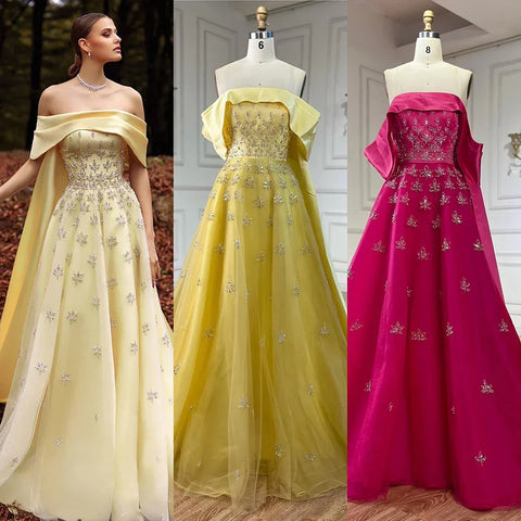 Luxury Dubai Arabic Yellow Elegant Boat Neck Long Evening Dress Beaded Party Gown for Women's Wedding LA72531