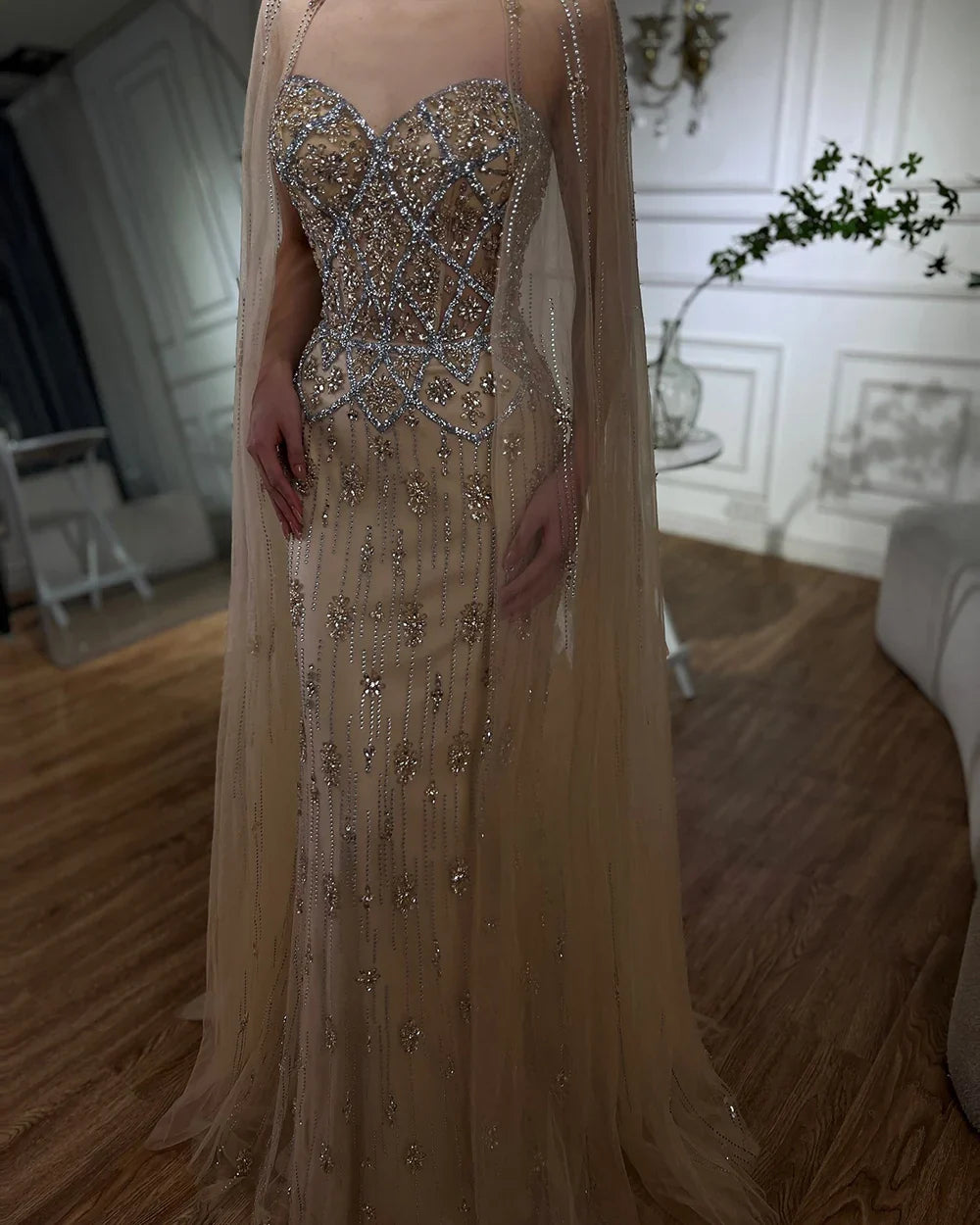 Vestido de noche color nude estilo sirena, con mangas de capa desmontables, estilo saudí, ideal para ocasiones formales (LA72716) 