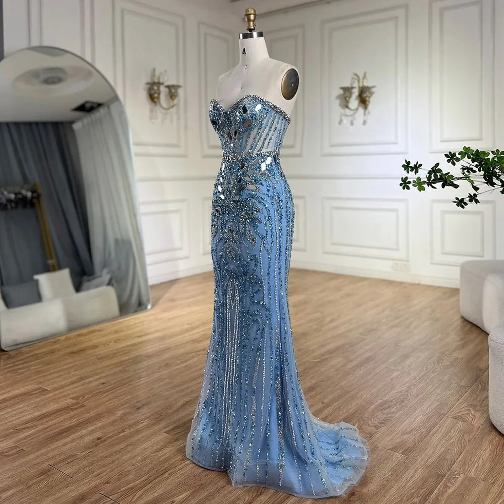 Vestidos de noche de lujo estilo sirena, elegantes, sin tirantes, con cuentas, color azul árabe, de Dubai, colección 2025 para mujer, modelo LA72328 