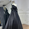 Vestido de noche negro de satén con un solo hombro, corte en A, con cuentas y mangas cortas, modelo LA72741, para mujer. 