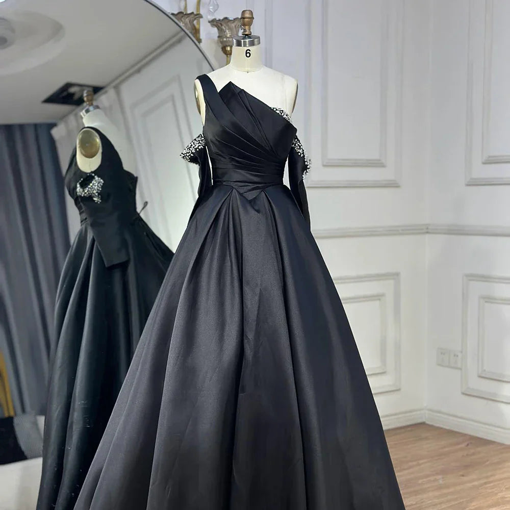 Vestido de noche negro de satén con un solo hombro, corte en A, con cuentas y mangas cortas, modelo LA72741, para mujer. 