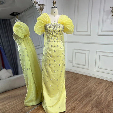 Vestido de noche amarillo de lujo con cuentas y capa LA72756