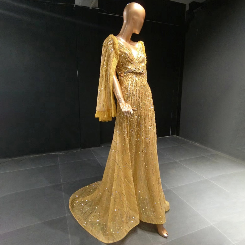 Gold Cape Sleeve Evening Dresses Gowns 2025 A-Line Beaded Elegant Luxury For Women Party LA71504