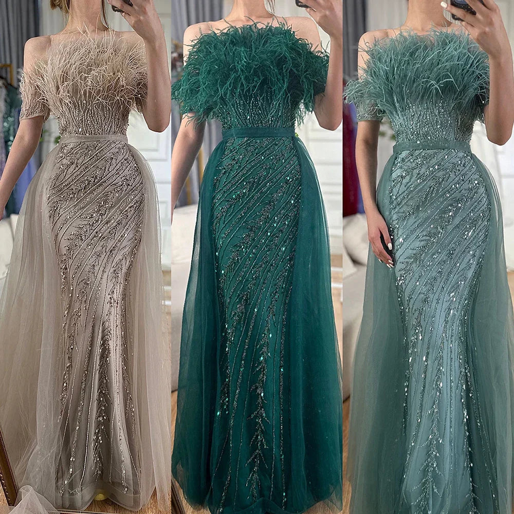 Vestidos de noche elegantes de sirena color caramelo con cuentas, estilo árabe saudí, con sobrefalda para ocasiones formales LA71634A