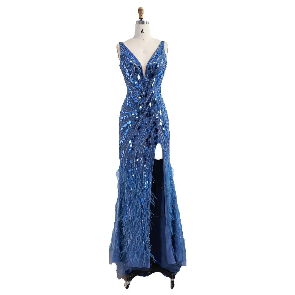 Luxury Blue Beaded Feather Mermaid Evening Dress LA73369