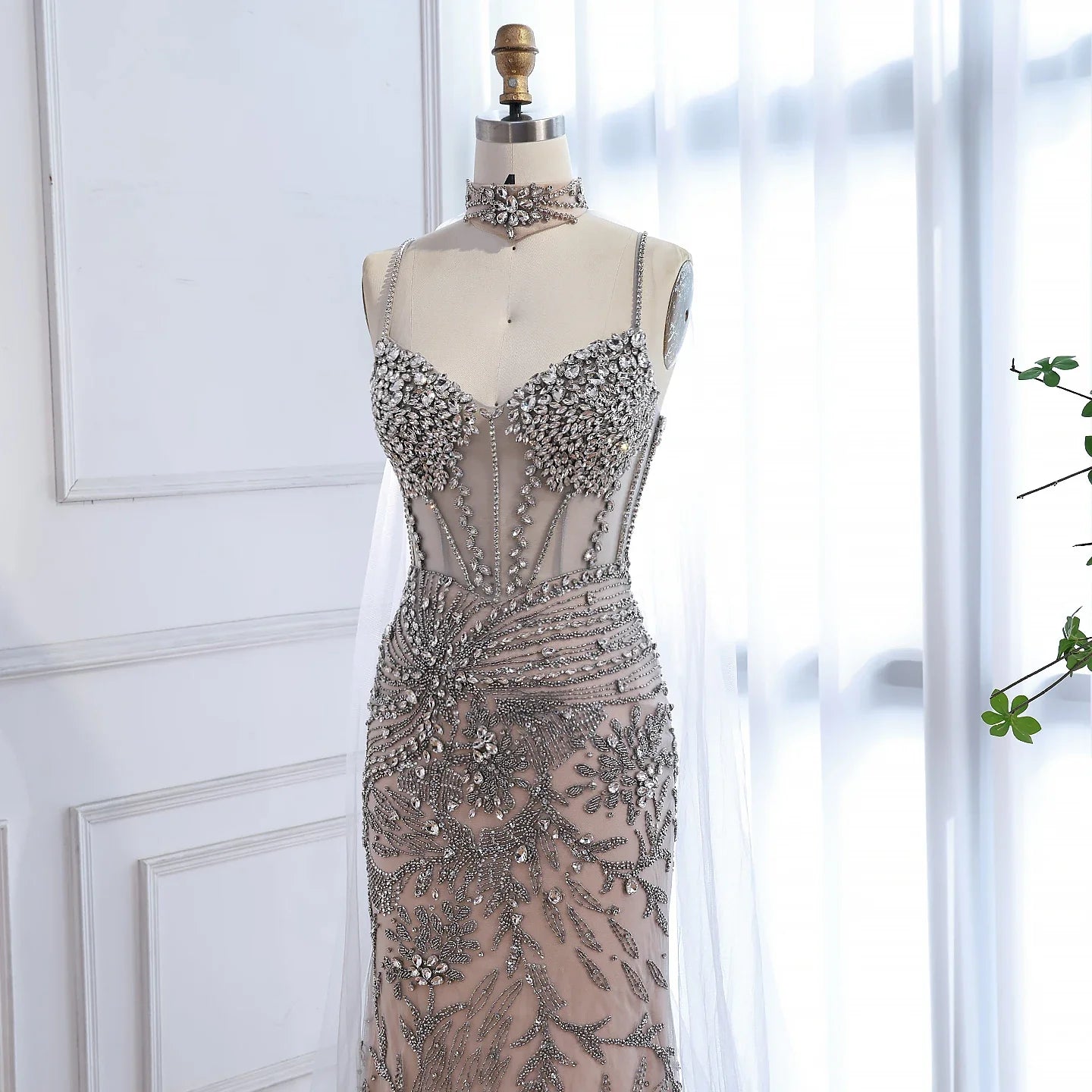 Luxury Evening Dress Grey Beaded With Cape LA73342