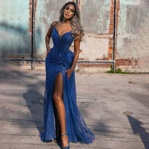 Robe de soirée sirène bleue fendue, en solde, sans retour ni remboursement, élégante et luxueuse, avec perles, pour femme, modèle LA71663, 2025