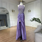 Vestido de noche de lujo estilo sirena, corte halter, escote lila árabe, abertura lateral, con cuentas, ideal para fiestas femeninas (LA72668) 