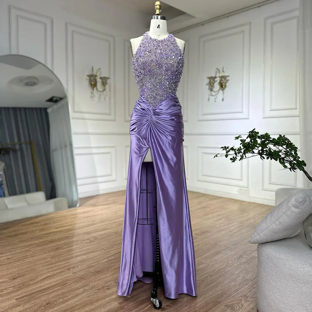 Vestido de noche de lujo estilo sirena, corte halter, escote lila árabe, abertura lateral, con cuentas, ideal para fiestas femeninas (LA72668) 