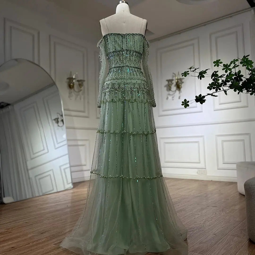 Dubai Arabic Sage Green Mermaid Luxury Evening Gown Strapless Beaded Party Dress for Women's Wedding 2025 LA72350