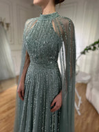 Vestido de noche de lujo saudí LA72306B, corte en A, manga capa, con cuentas, color caramelo árabe, modelo 2025. Ideal para ocasiones formales. 